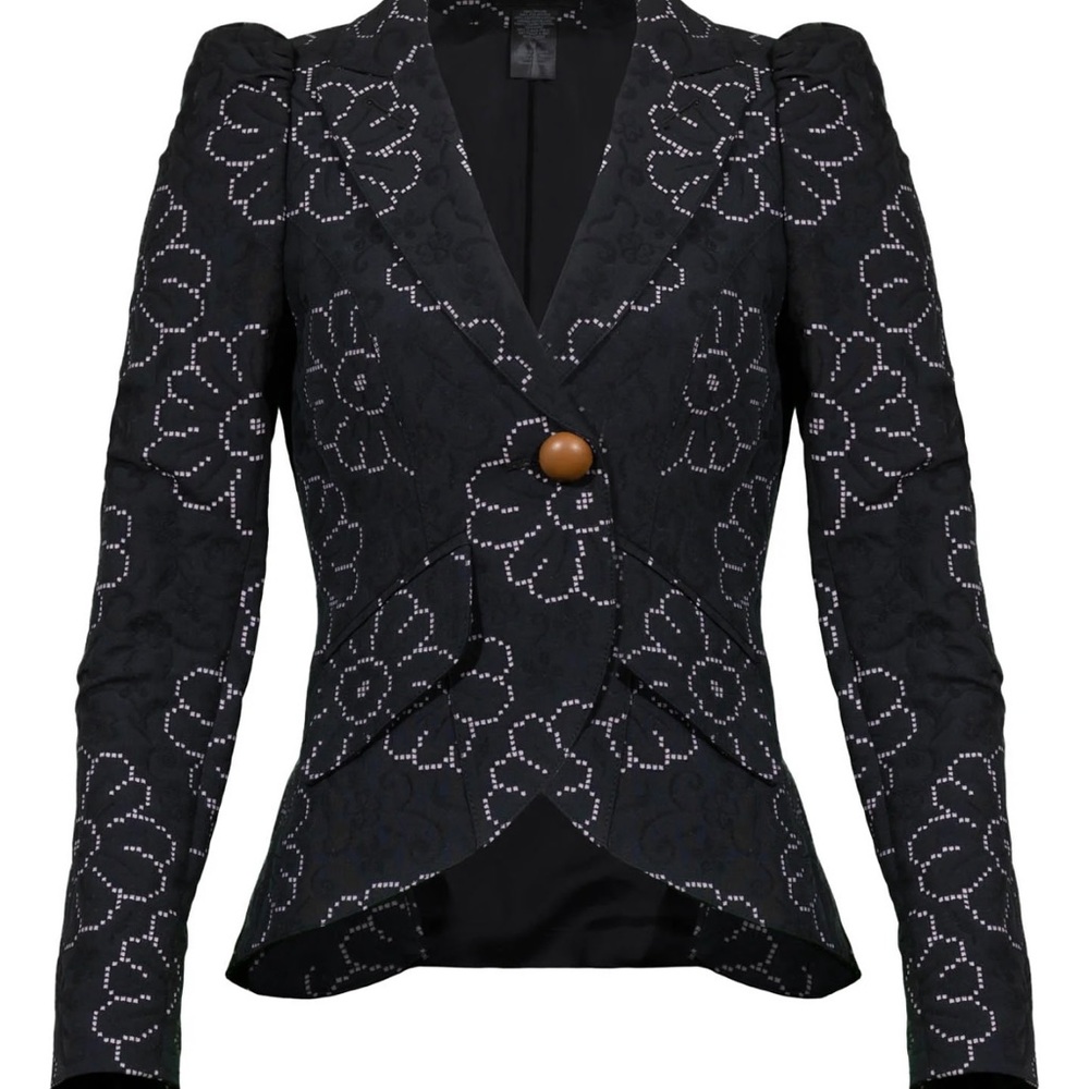 Smythe pouf sleeve one button blazer in quilted pattern black cream 12